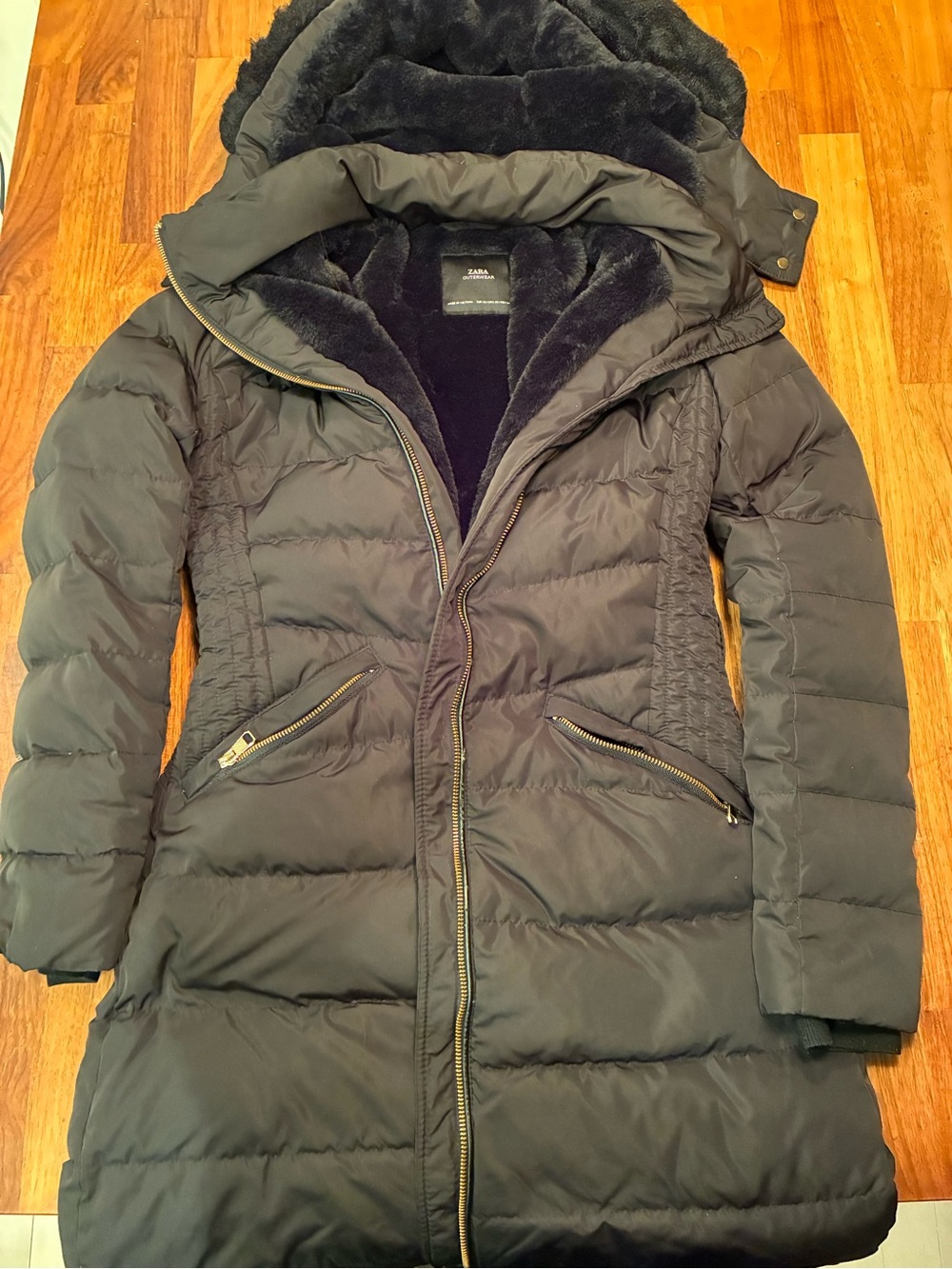 Zara Black Long Quilted Puffer Coat with Faux-Fur Trimmed Hood